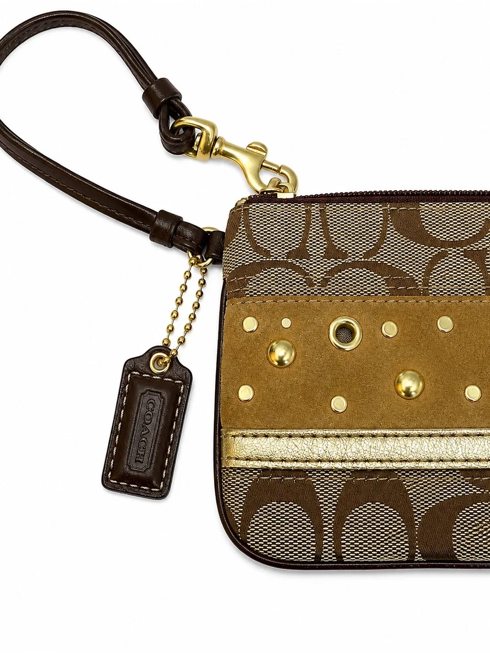 Coach Brown Signature Canvas Wristlet with Gold Stud Accents